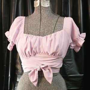 Lilac Puff Sleeve Tie-Front Crop Top